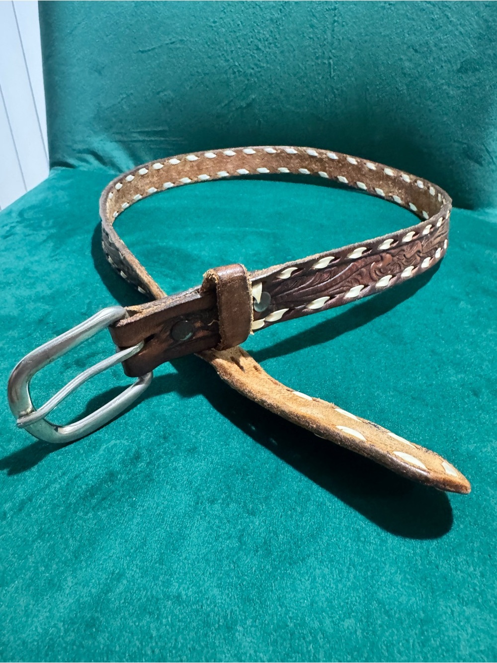 Vintage Tooled Leather Western Belt Buckstitch Cowboy Brown